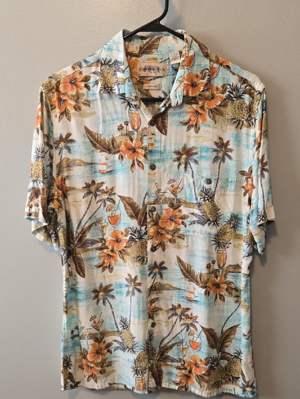 Men's Tropical Floral Button-Up Shirt - Blue & Orange Campia Moda. Size M